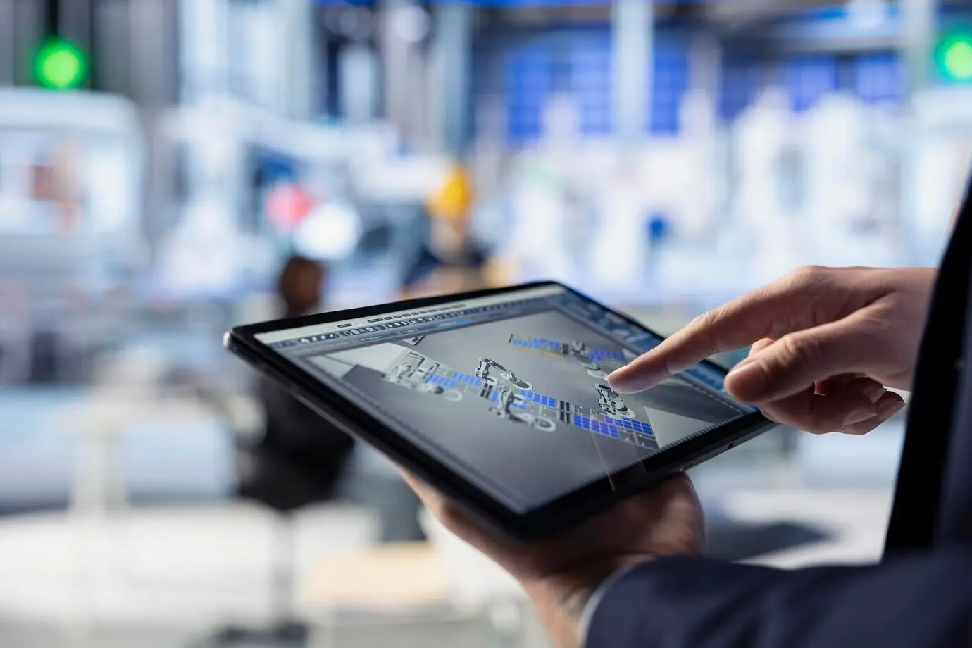 Nahaufnahme eines Spezialisten, der mit einem Gerät die Anlagentechnik einer Solaranlage inspiziert.