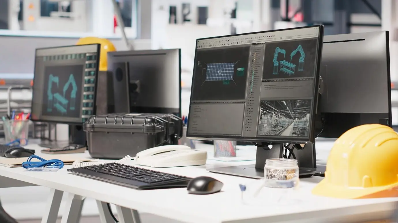 PC auf einem Schreibtisch in einer leeren Photovoltaikfabrik, verwendet für Datenanalyse und die Überprüfung von Systemmetriken für